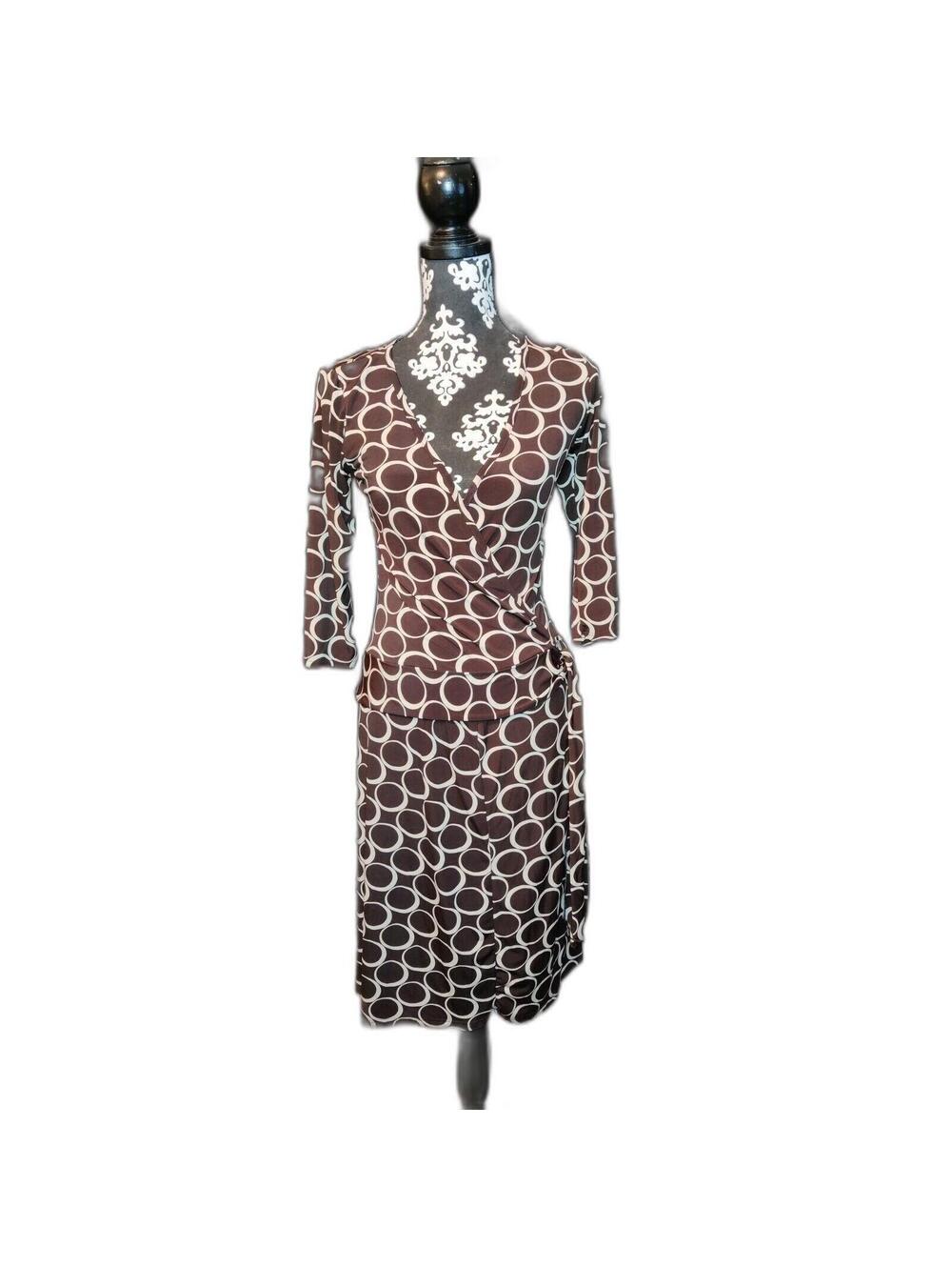 One Clothing Brown Geometric Circle Print Faux Wrap Midi Dress 3/4 Sleeve